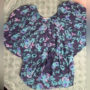 Rebecca Taylor Floral Silk Tie-Waist Blouse Purple Teal Short Sleeve Top